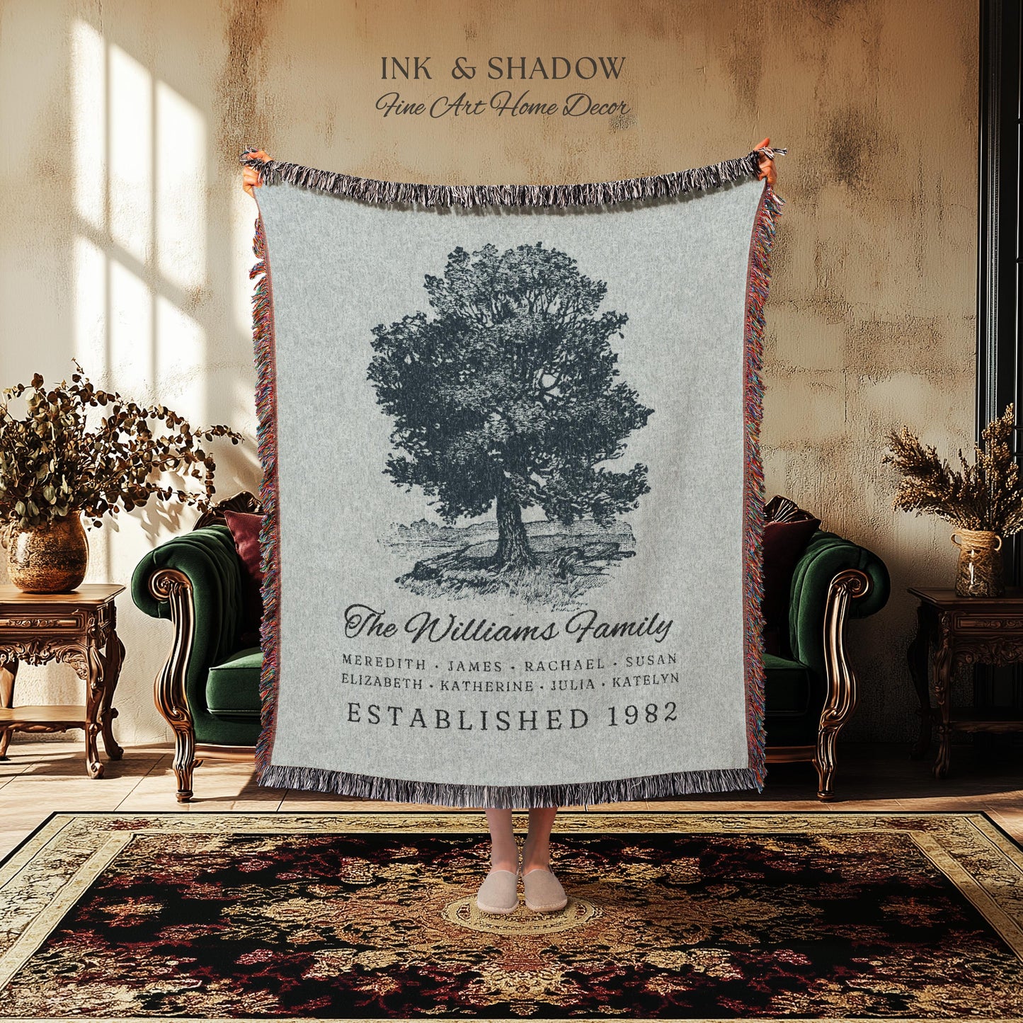 Custom Family Tree Blanket Woven Tapestry | Family Tree Wall Art Blanket Custom Family Gift | Sentimental Gift for Grandmother Personalized