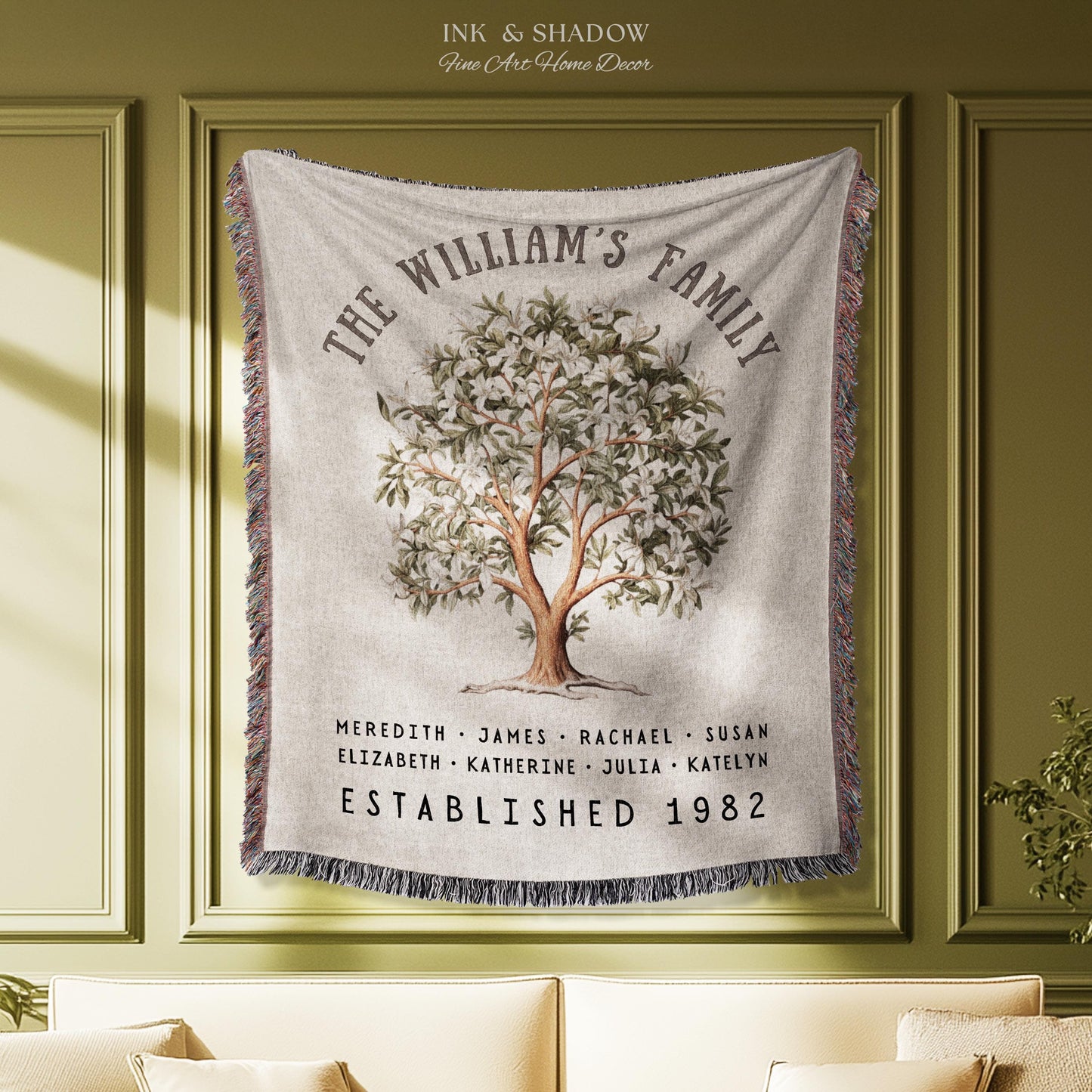 Magnolia Tree Family Name Blanket | Customized Family Tree Blanket Custom Family Gift Sentimental Gift for Mom Personalized Family Name Gift