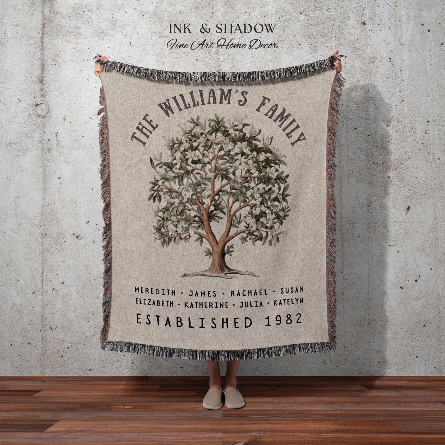 Magnolia Tree Family Name Blanket | Customized Family Tree Blanket Custom Family Gift Sentimental Gift for Mom Personalized Family Name Gift