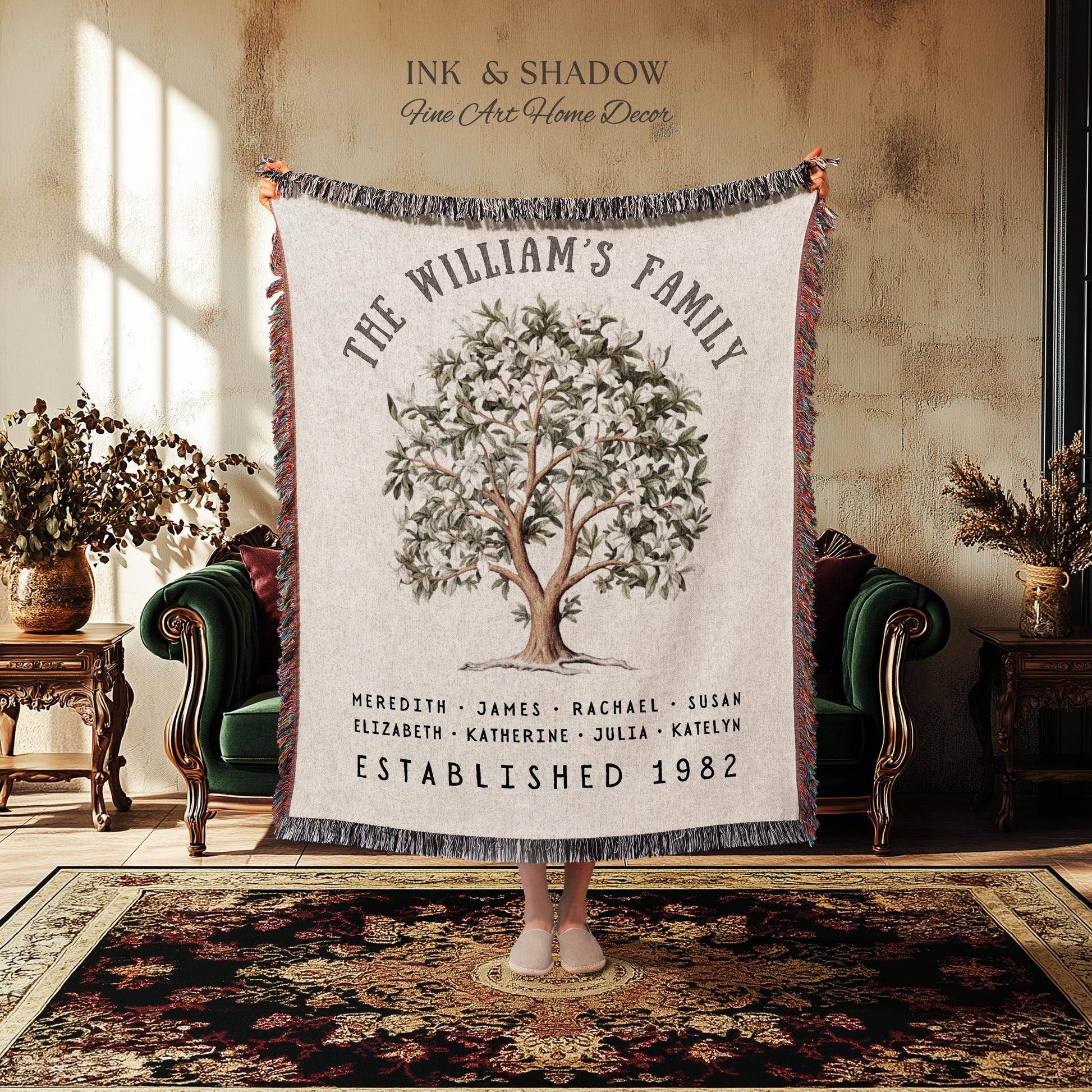 Magnolia Tree Family Name Blanket | Customized Family Tree Blanket Custom Family Gift Sentimental Gift for Mom Personalized Family Name Gift
