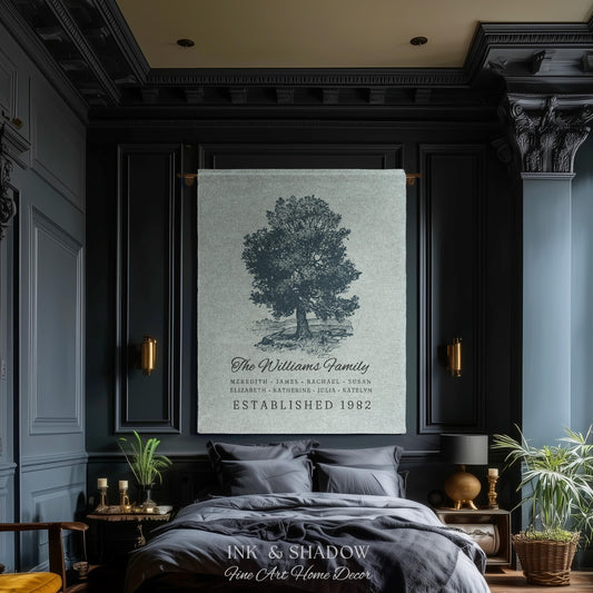May include: A large, rectangular wall hanging with a tree illustration and the text "The Williams Family" in a bedroom setting. The artwork is in shades of gray and blue, with the text "Established 1982" below the family names. The room has dark blue walls and a bed with gray bedding.