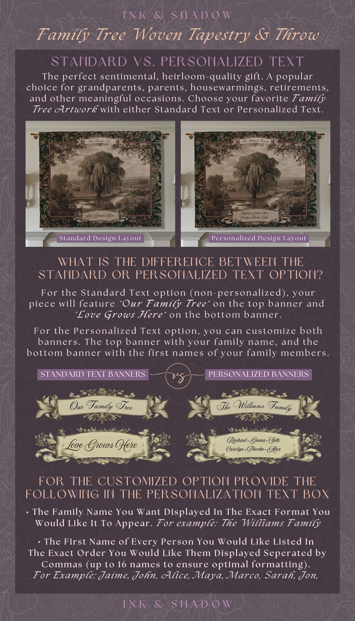 Old World Family Heirloom Custom Tapestry | Timeless Vintage Ancestry Jacquard Woven Throw Blanket Historic Home Willow Tree Symbolism