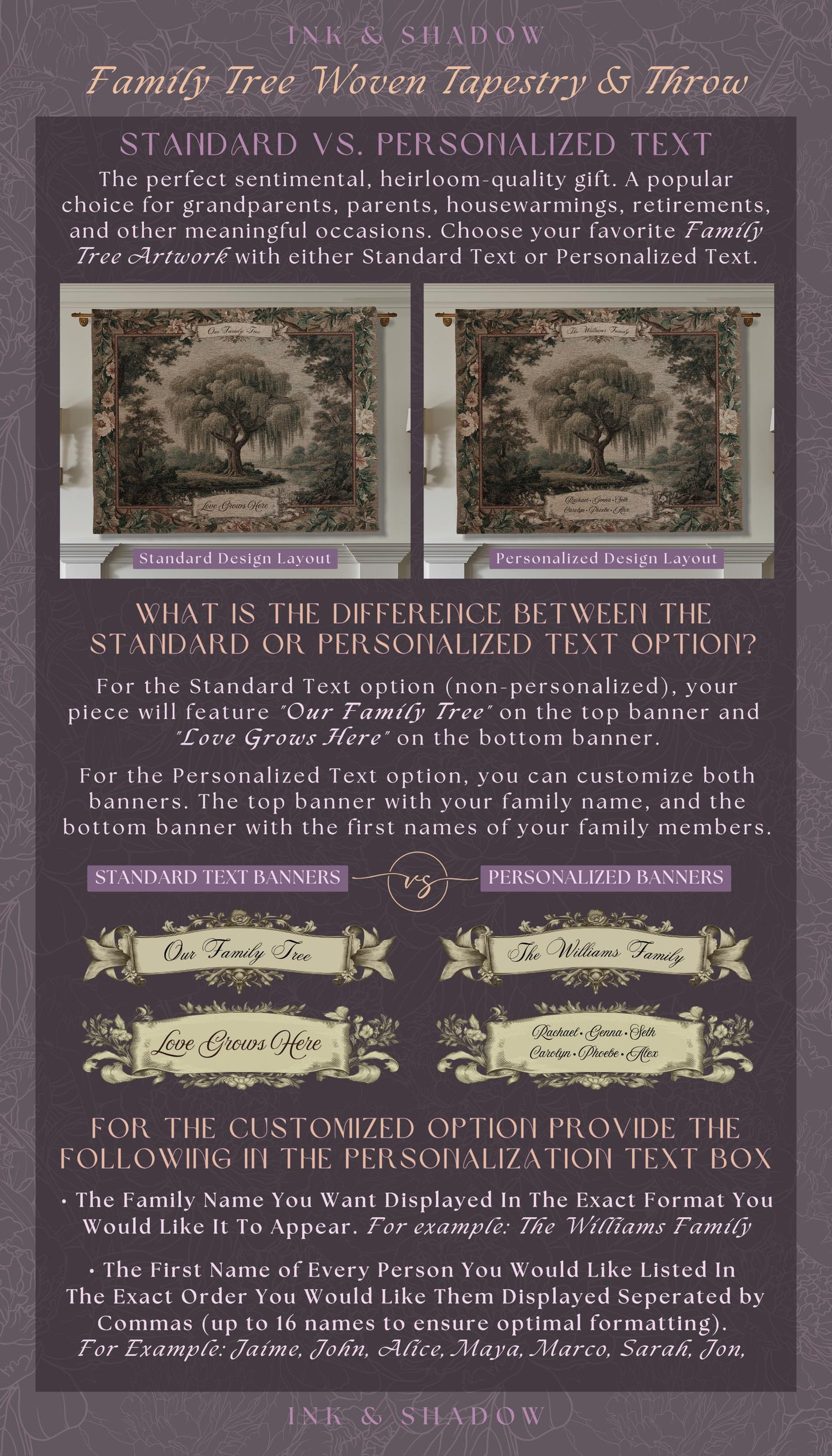 Willow Tree Family Name Tapestry Personalized Woven Wall Hanging | Custom Family Tree Gift Grandparent Keepsake Vintage Landscape Home Decor
