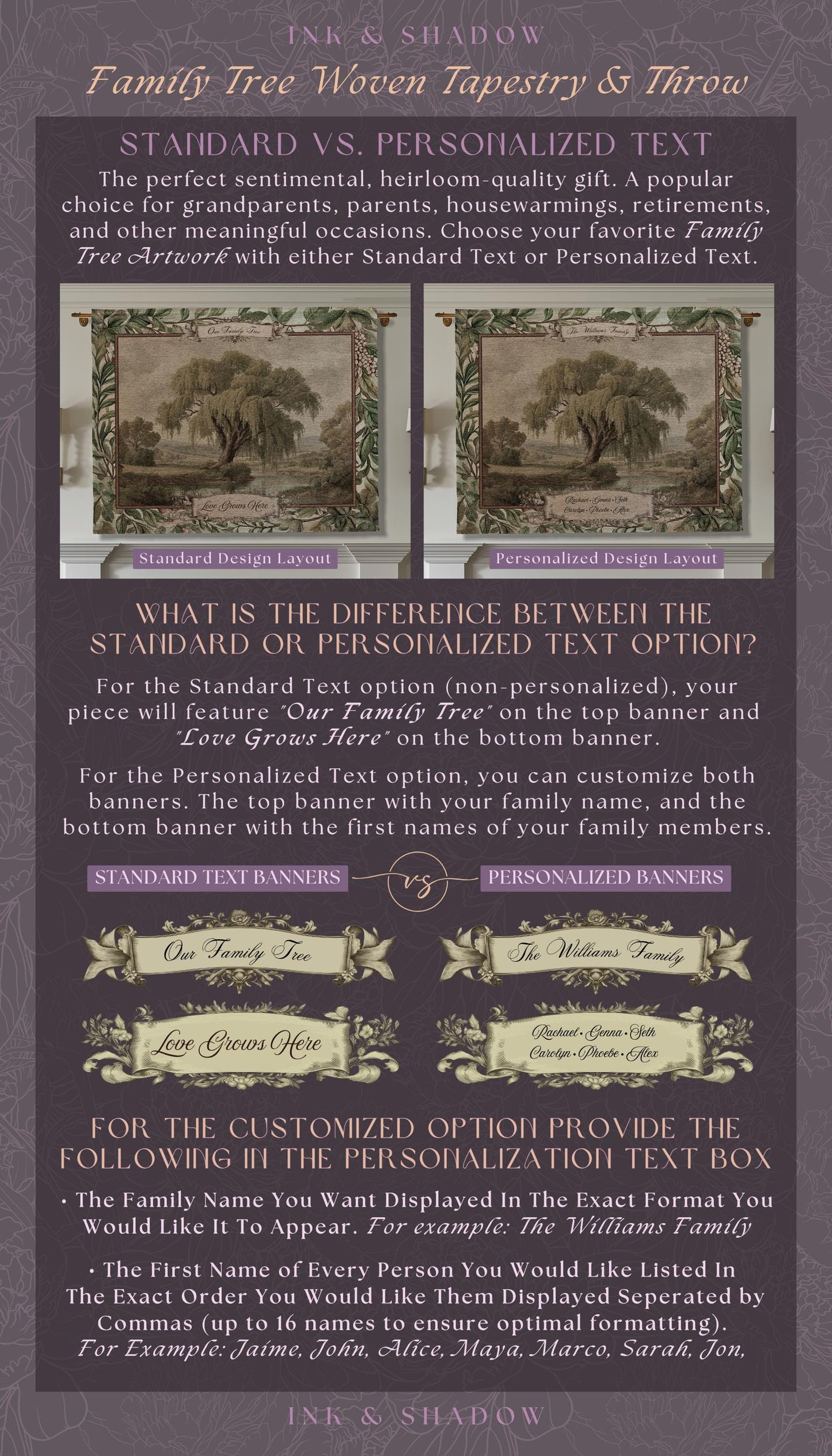 Pastoral Personalized Family Tree Tapestry Traditional Home Decor | Custom Surname Willow Tree Throw Blanket Grandparent Gift Sentimental