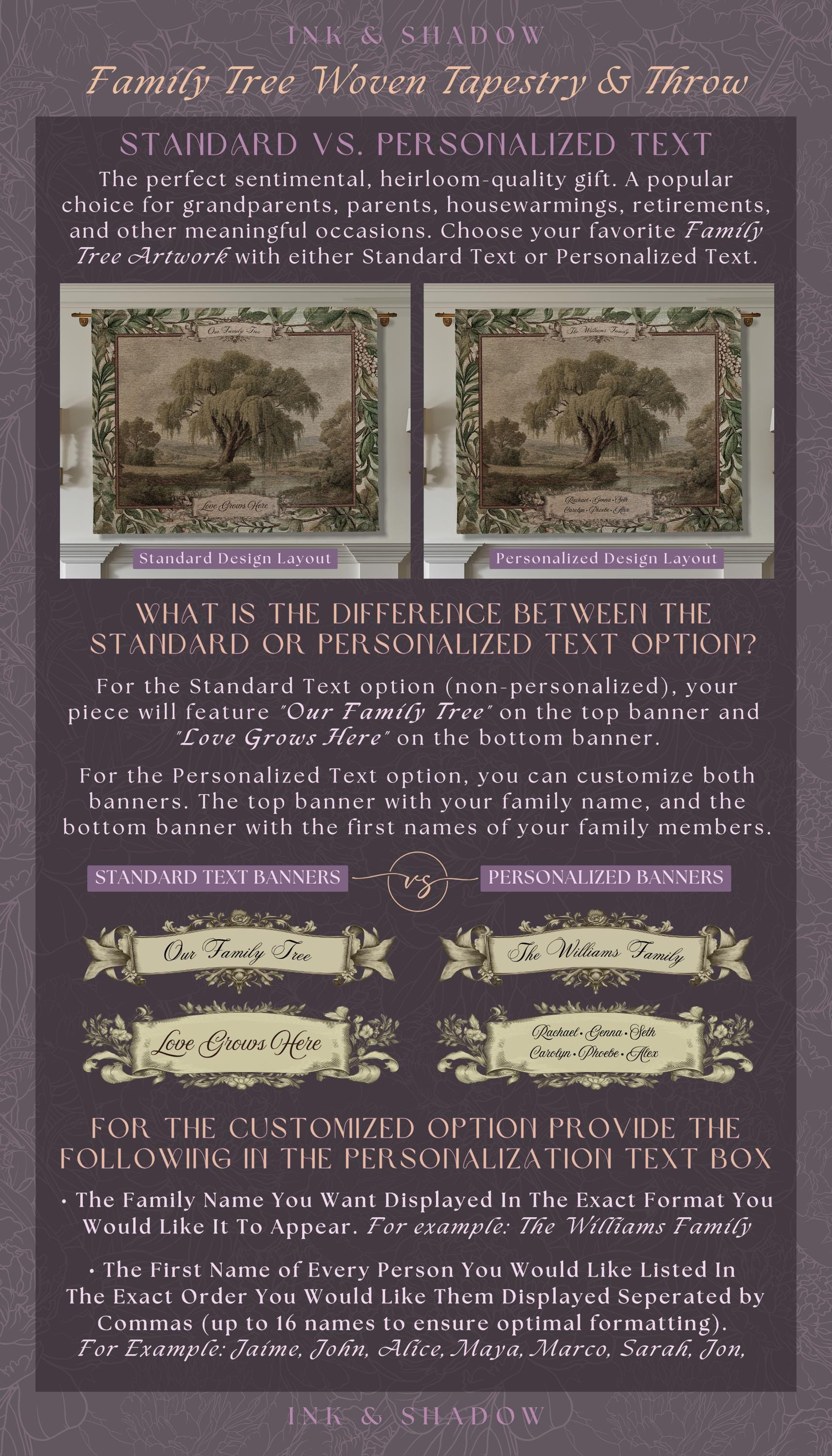Pastoral Personalized Family Tree Tapestry Traditional Home Decor | Custom Surname Willow Tree Throw Blanket Grandparent Gift Sentimental
