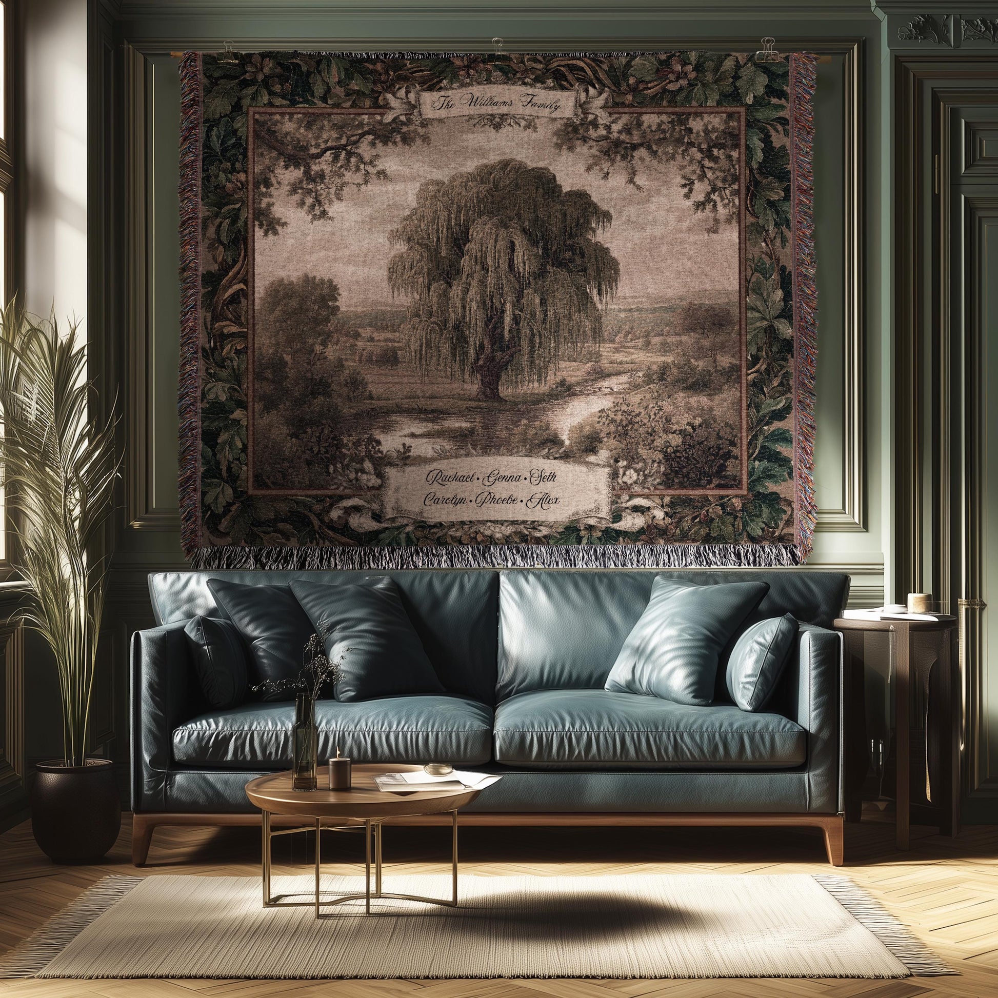 Old World Family Heirloom Custom Tapestry | Timeless Vintage Ancestry Jacquard Woven Throw Blanket Historic Home Willow Tree Symbolism