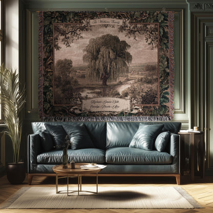 Old World Family Heirloom Custom Tapestry | Timeless Vintage Ancestry Jacquard Woven Throw Blanket Historic Home Willow Tree Symbolism