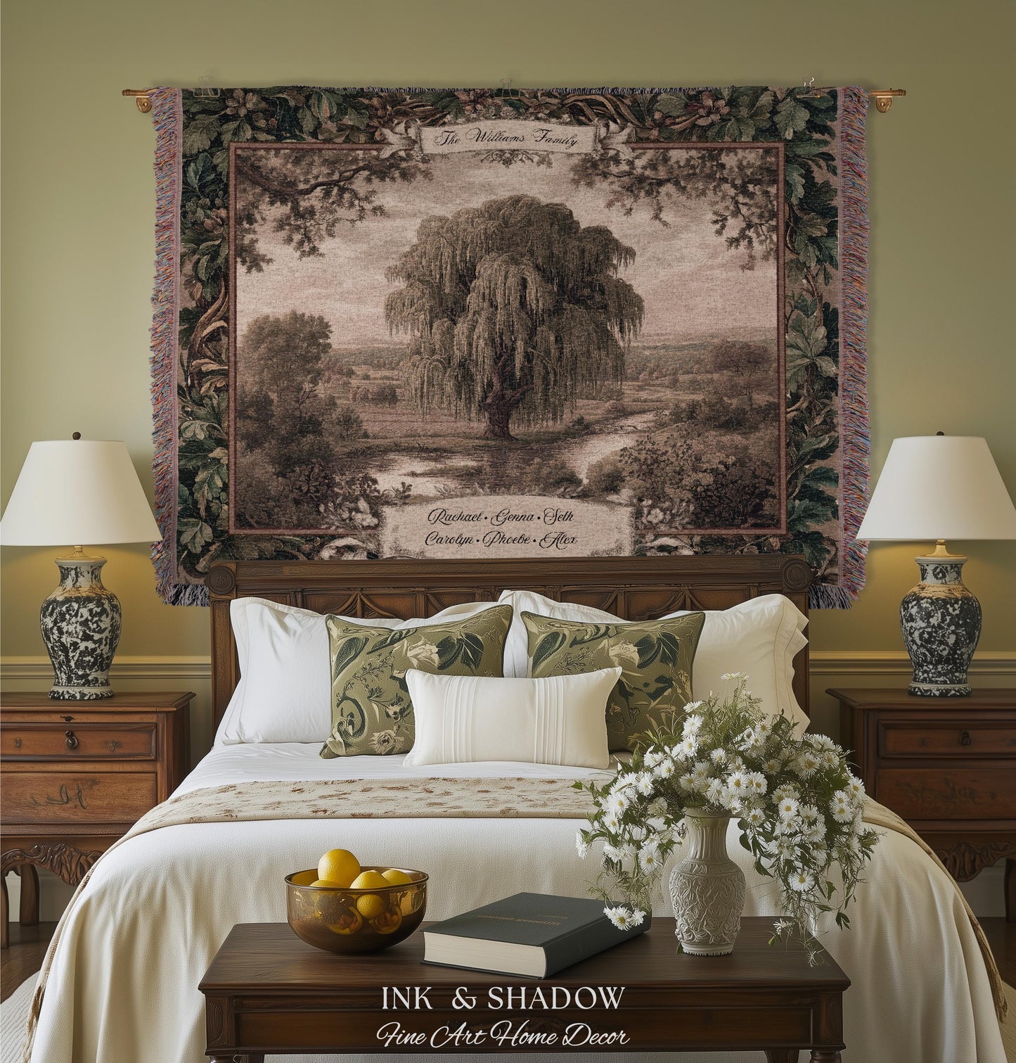Old World Family Heirloom Custom Tapestry | Timeless Vintage Ancestry Jacquard Woven Throw Blanket Historic Home Willow Tree Symbolism