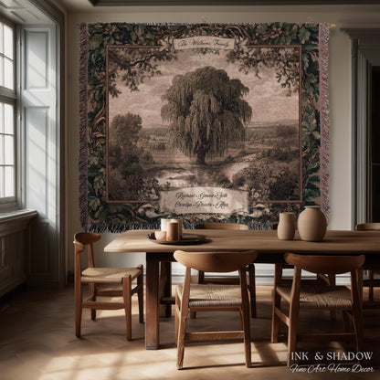 Old World Family Heirloom Custom Tapestry | Timeless Vintage Ancestry Jacquard Woven Throw Blanket Historic Home Willow Tree Symbolism