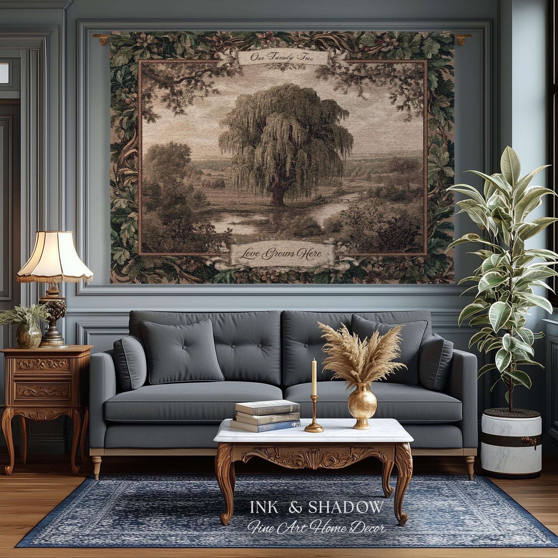 Old World Family Heirloom Custom Tapestry | Timeless Vintage Ancestry Jacquard Woven Throw Blanket Historic Home Willow Tree Symbolism