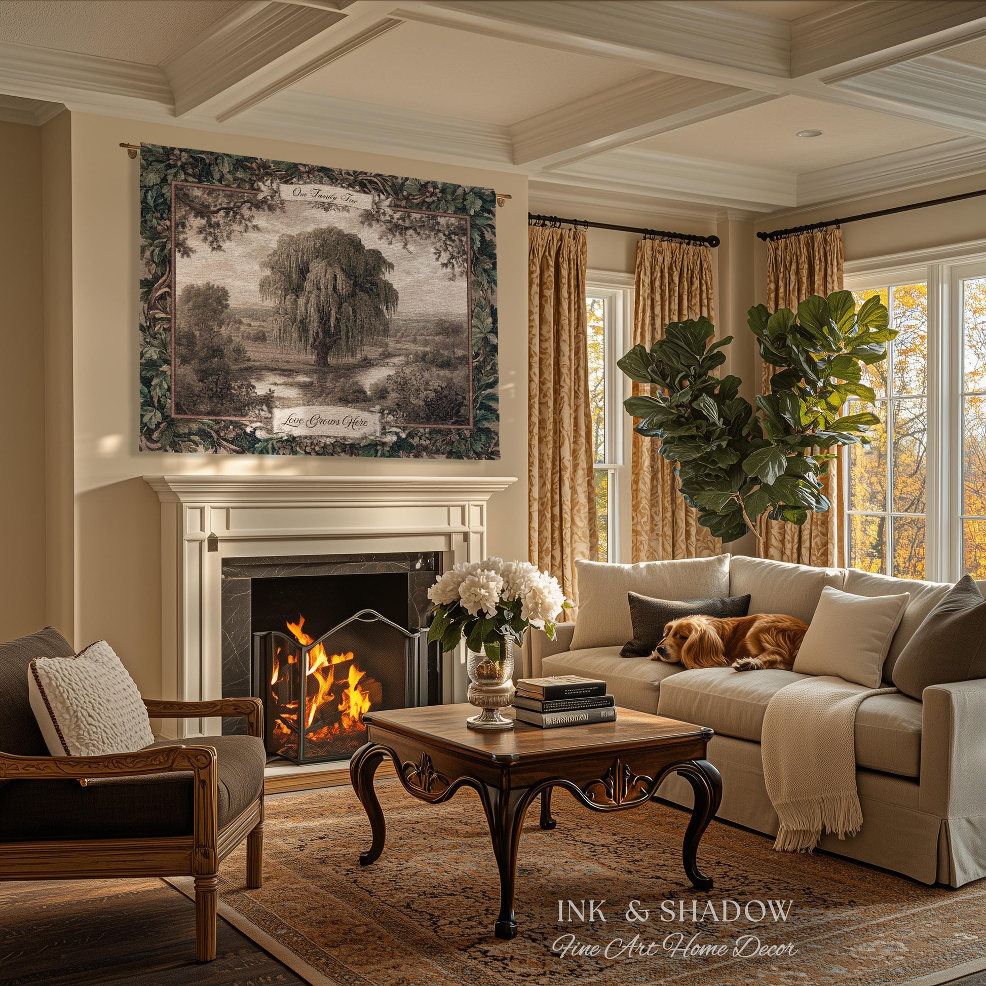 Old World Family Heirloom Custom Tapestry | Timeless Vintage Ancestry Jacquard Woven Throw Blanket Historic Home Willow Tree Symbolism