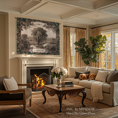 Old World Family Heirloom Custom Tapestry | Timeless Vintage Ancestry Jacquard Woven Throw Blanket Historic Home Willow Tree Symbolism