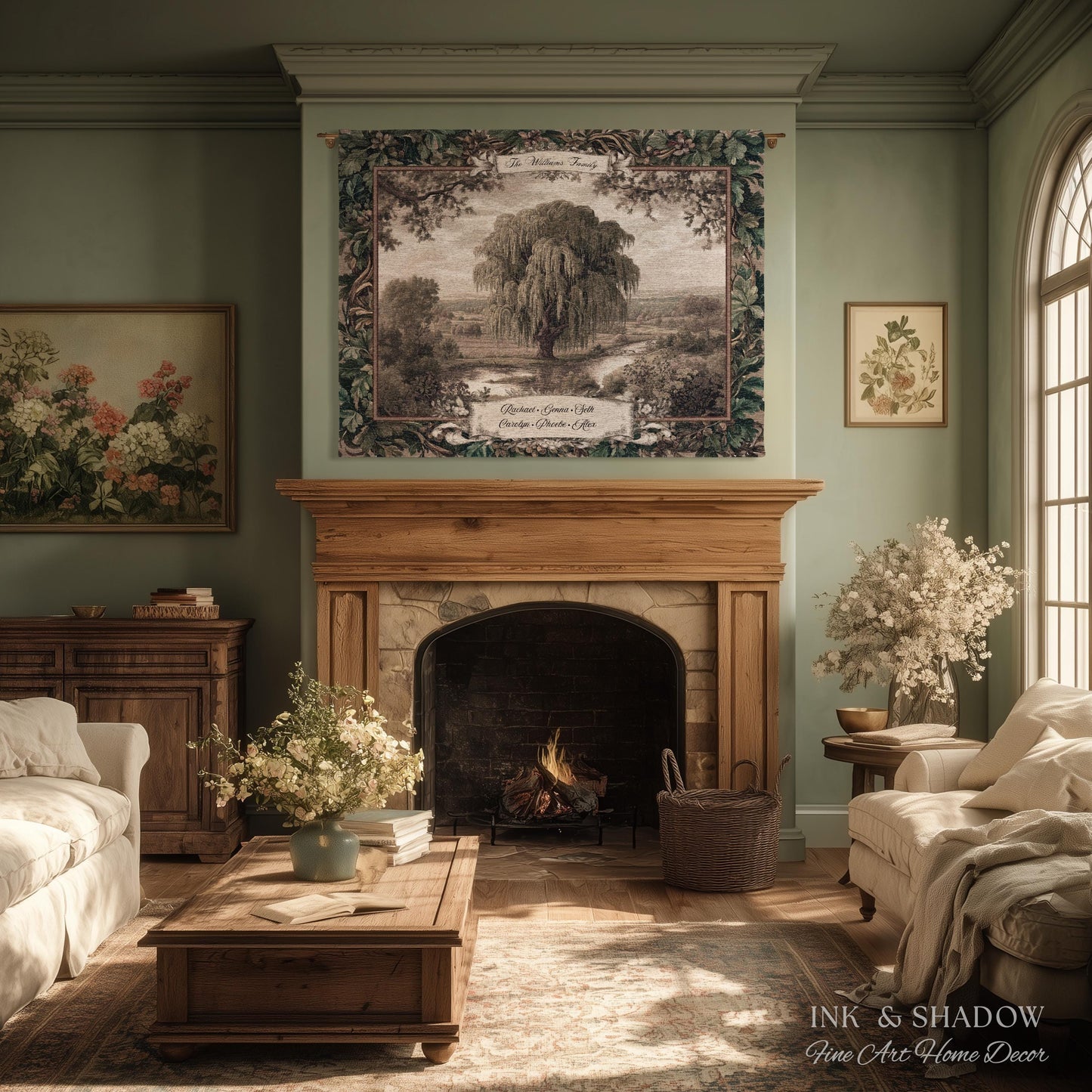 Old World Family Heirloom Custom Tapestry | Timeless Vintage Ancestry Jacquard Woven Throw Blanket Historic Home Willow Tree Symbolism