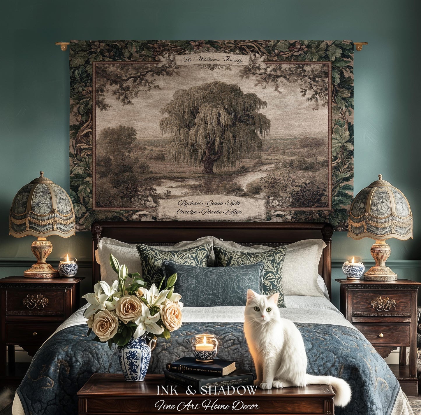Old World Family Heirloom Custom Tapestry | Timeless Vintage Ancestry Jacquard Woven Throw Blanket Historic Home Willow Tree Symbolism