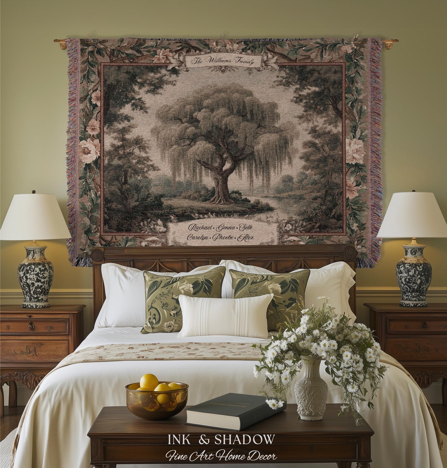 Willow Tree Family Name Tapestry Personalized Woven Wall Hanging | Custom Family Tree Gift Grandparent Keepsake Vintage Landscape Home Decor