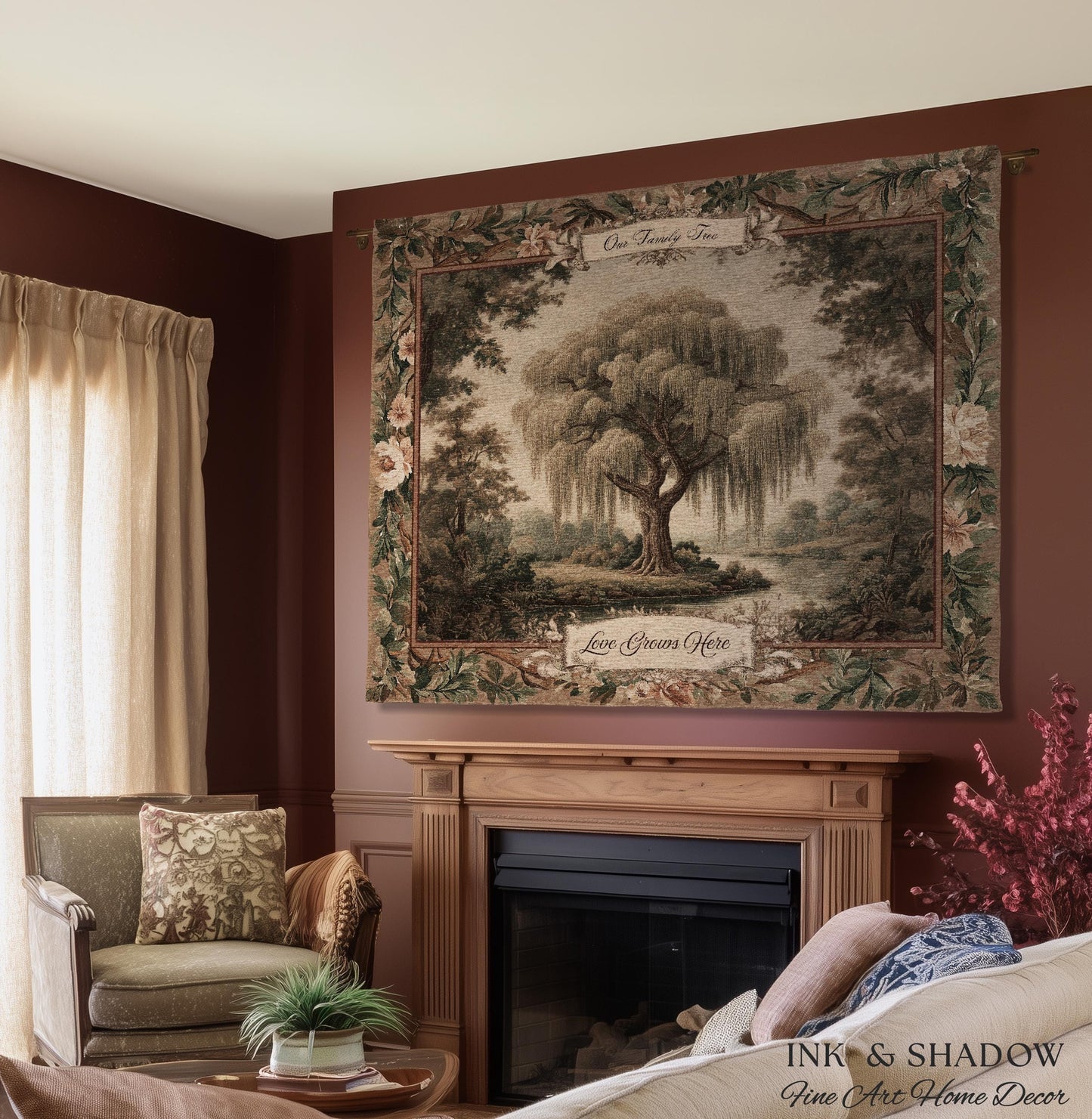 Willow Tree Family Name Tapestry Personalized Woven Wall Hanging | Custom Family Tree Gift Grandparent Keepsake Vintage Landscape Home Decor