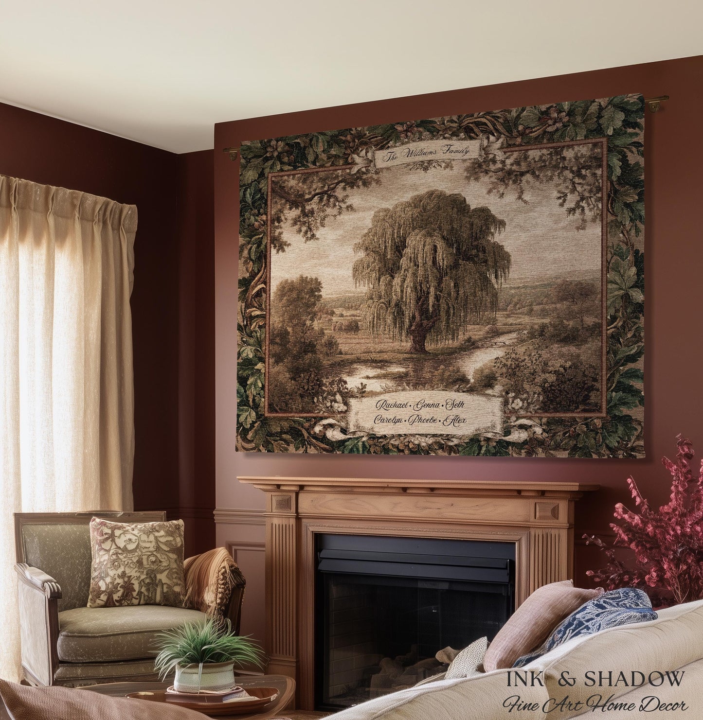 Old World Family Heirloom Custom Tapestry | Timeless Vintage Ancestry Jacquard Woven Throw Blanket Historic Home Willow Tree Symbolism