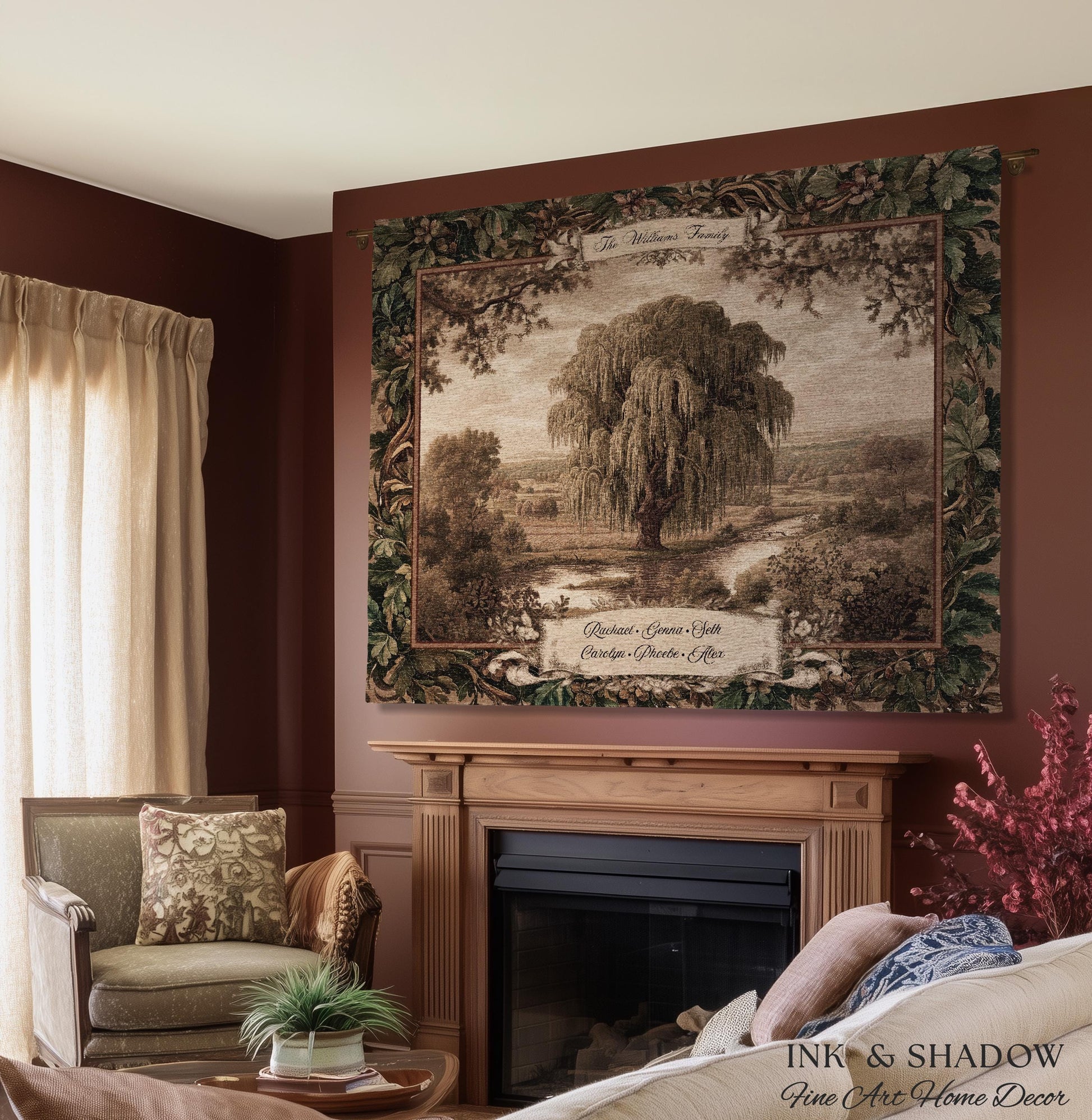 Old World Family Heirloom Custom Tapestry | Timeless Vintage Ancestry Jacquard Woven Throw Blanket Historic Home Willow Tree Symbolism