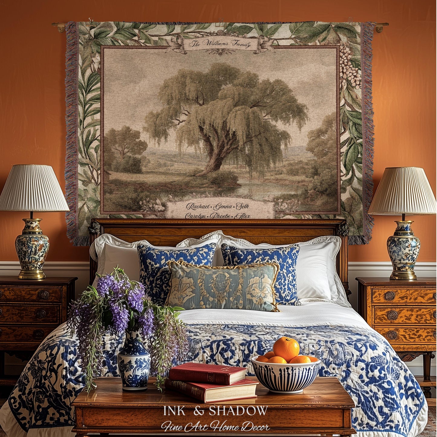 Pastoral Personalized Family Tree Tapestry Traditional Home Decor | Custom Surname Willow Tree Throw Blanket Grandparent Gift Sentimental