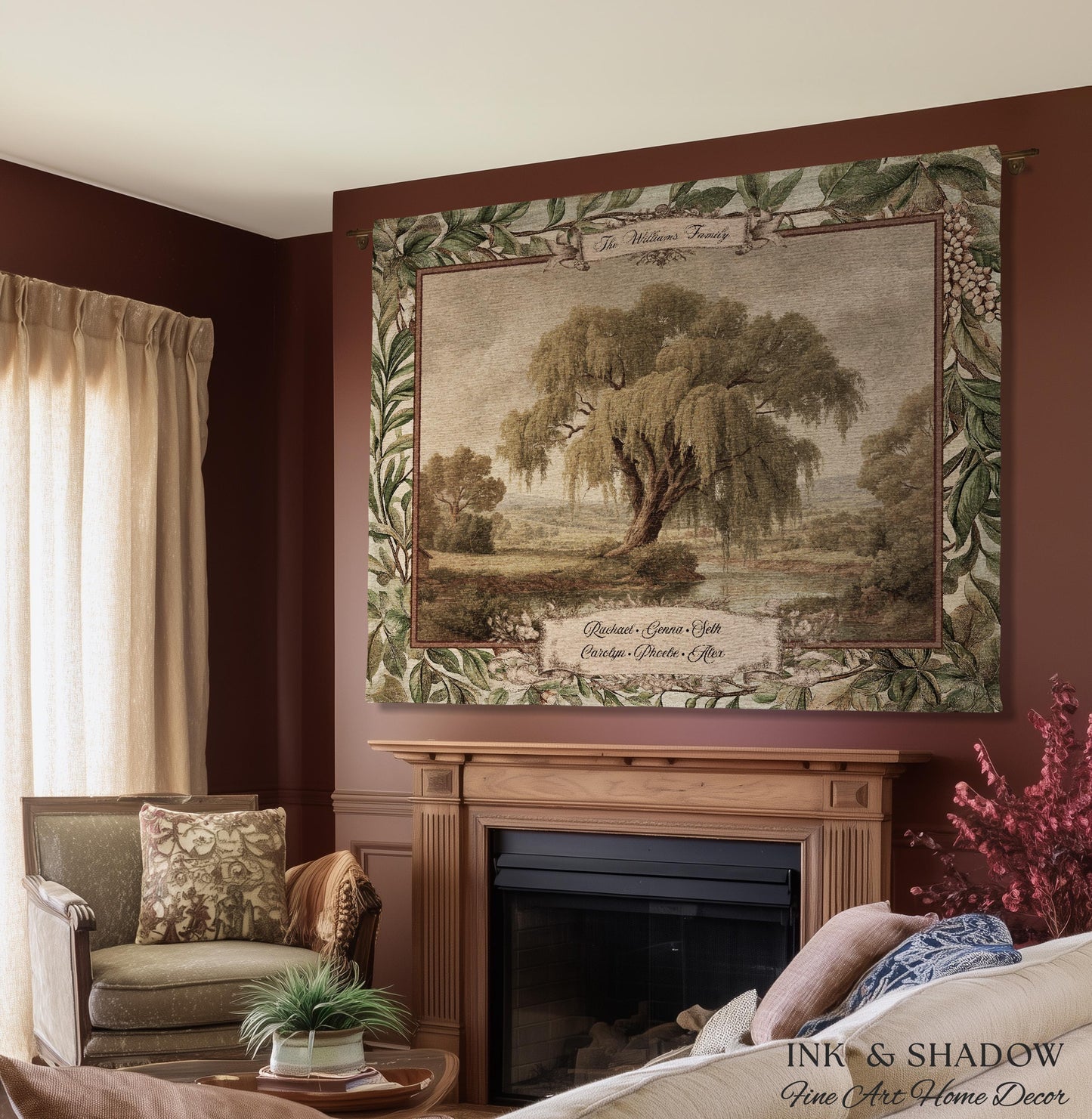 Pastoral Personalized Family Tree Tapestry Traditional Home Decor | Custom Surname Willow Tree Throw Blanket Grandparent Gift Sentimental