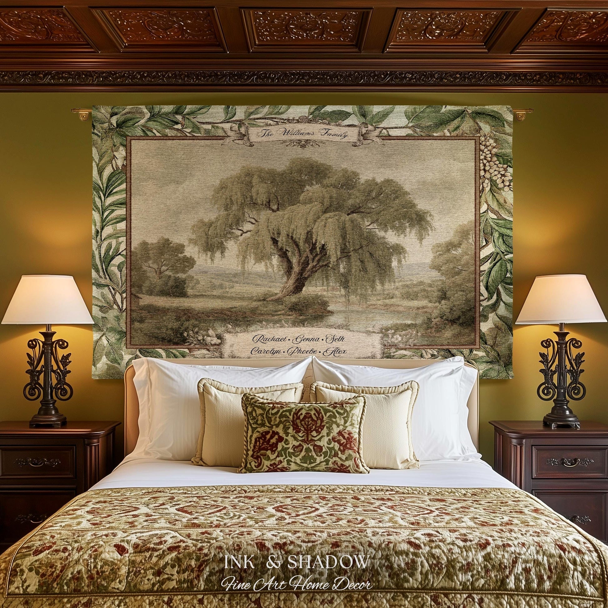 Pastoral Personalized Family Tree Tapestry Traditional Home Decor | Custom Surname Willow Tree Throw Blanket Grandparent Gift Sentimental