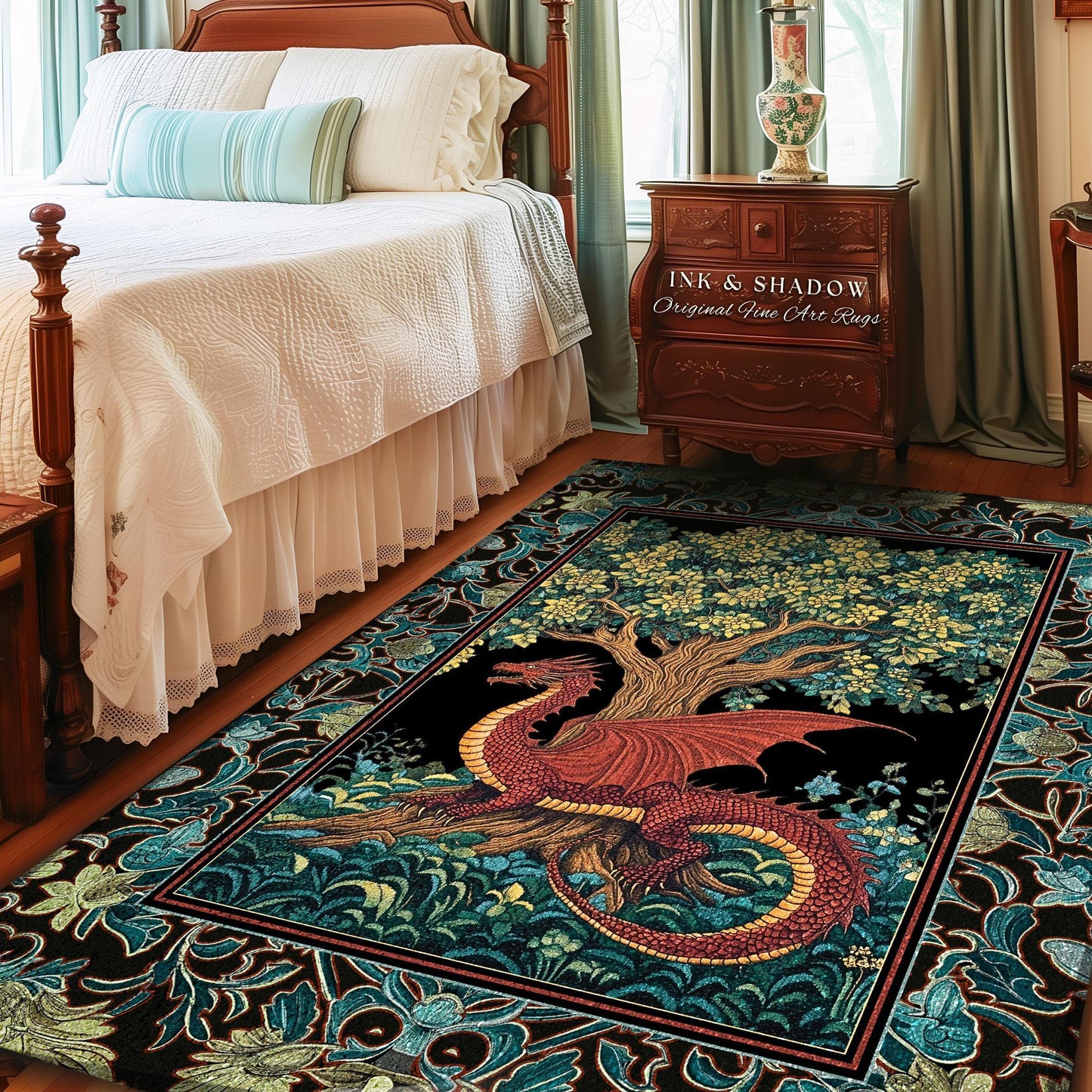May include: A rectangular area rug featuring a red dragon resting beneath a tree. The rug has a black background with a border of teal and green floral patterns. The text "INK & SHADOW Original Fine Art Rugs" is visible.