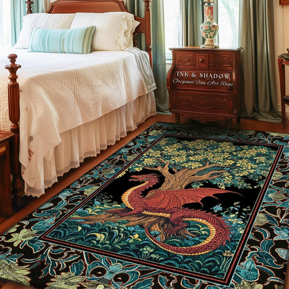 May include: A rectangular area rug featuring a red dragon resting beneath a tree. The rug has a black background with a border of teal and green floral patterns. The text "INK & SHADOW Original Fine Art Rugs" is visible.