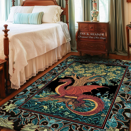 May include: A rectangular area rug featuring a red dragon resting beneath a tree. The rug has a black background with a border of teal and green floral patterns. The text "INK & SHADOW Original Fine Art Rugs" is visible.