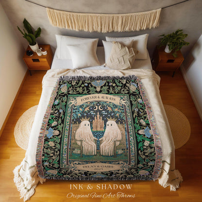 Mystical Moonlit Ghost Couple Tapestry Blanket Custom Wedding Gift Forever & Always, Celestial Storybook Romance Cute Anniversary Keepsake