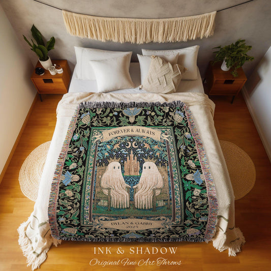 Mystical Moonlit Ghost Couple Tapestry Blanket Custom Wedding Gift Forever & Always, Celestial Storybook Romance Cute Anniversary Keepsake