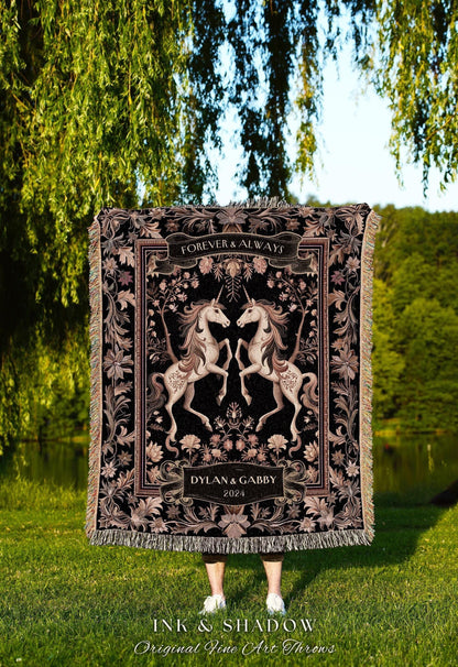 May include: Black and tan woven throw blanket featuring two unicorns facing each other. The blanket has a floral and scroll design with the words "Forever & Always" and the names "Dylan & Gabby" with the year "2024". The blanket is fringed.