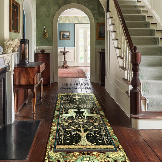 May include: An interior hallway with a dark wood floor, green wallpaper, and a staircase. A decorative runner rug with a tree and unicorn design is on the floor. The text "INK & SHADOW Original Fine Art Rugs" is visible.