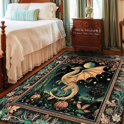 Witchy Whimsigothic Enchanted Night Moonlit Mystic Dragon Rug Celestial Fairytale Home Accent Carpet, Mythical Fantasy Forestcore Art Decor