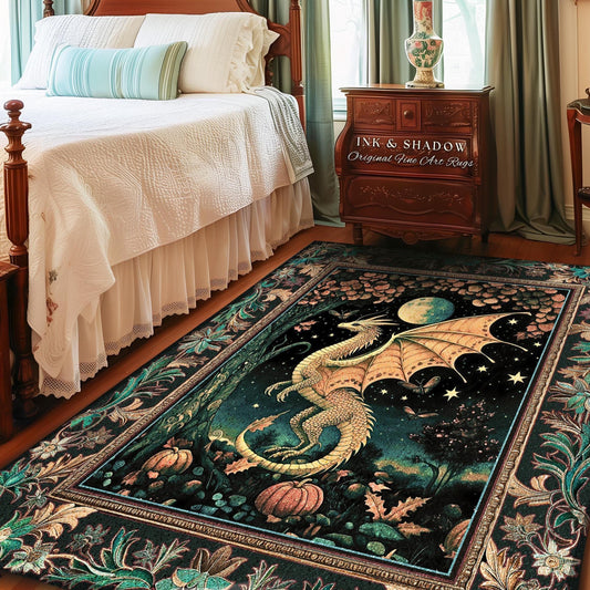 Witchy Whimsigothic Enchanted Night Moonlit Mystic Dragon Rug Celestial Fairytale Home Accent Carpet, Mythical Fantasy Forestcore Art Decor