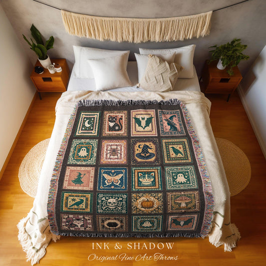 Rustic Folk Art Spooky Patchwork Halloween Cozy Woven Throw, Dark Academic Enchanted Folklore Witchy Whimsical Tapestry Blanket Wall Hanging