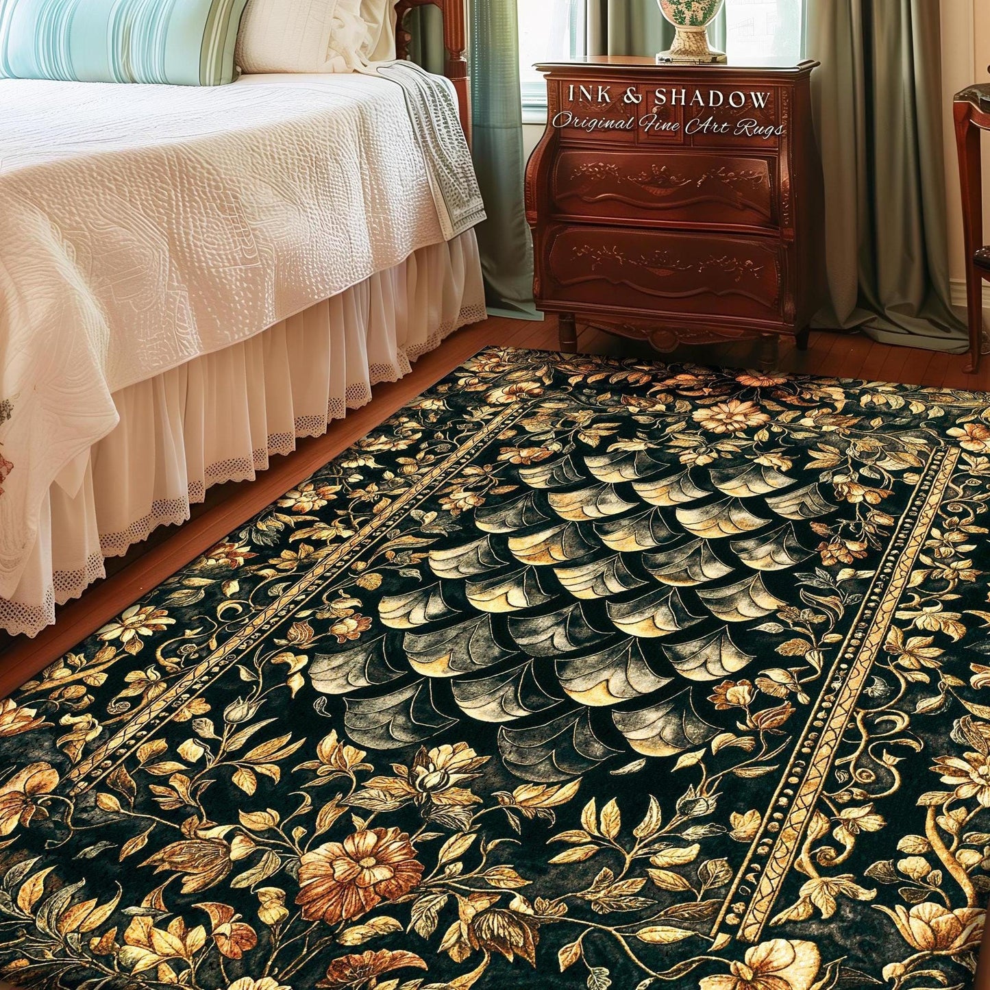 May include: A rectangular area rug with a dark background and a floral pattern in shades of gold and brown. The rug features a repeating design of stylized leaves and flowers, with a border of intricate patterns. The text "INK & SHADOW Original Fine Art Rugs" is visible.