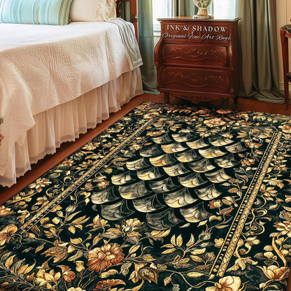 May include: A rectangular area rug with a dark background and a floral pattern in shades of gold and brown. The rug features a repeating design of stylized leaves and flowers, with a border of intricate patterns. The text "INK & SHADOW Original Fine Art Rugs" is visible.