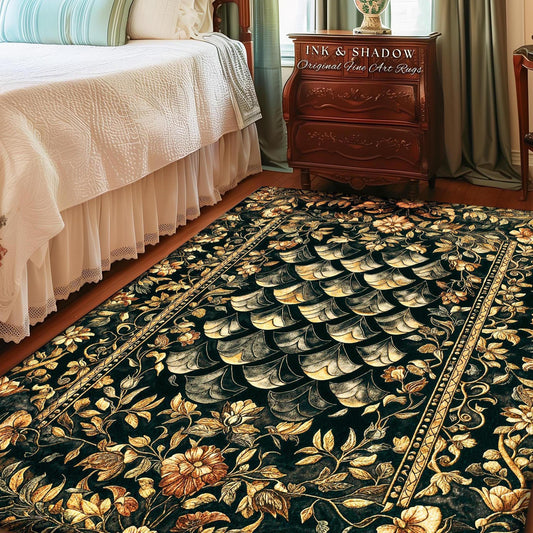 May include: A rectangular area rug with a dark background and a floral pattern in shades of gold and brown. The rug features a repeating design of stylized leaves and flowers, with a border of intricate patterns. The text "INK & SHADOW Original Fine Art Rugs" is visible.
