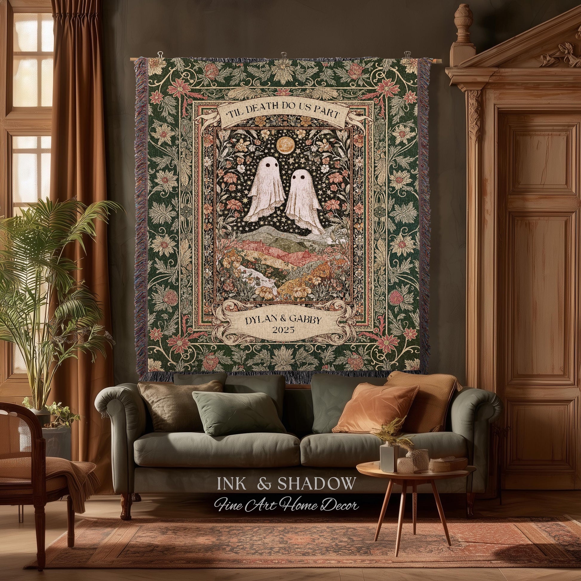 Til Death Do Us Part Ghost Couple Woven Tapestry Wall Art Personalized Wedding Gift | Celestial Whimsy Wildflower Magic Anniversary Keepsake
