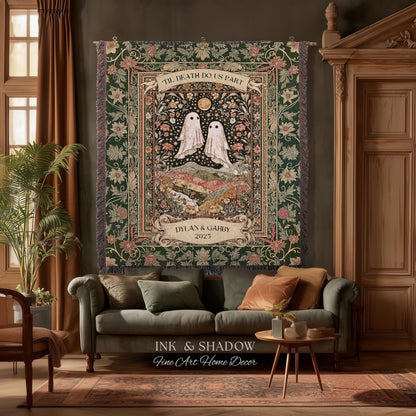 Til Death Do Us Part Ghost Couple Woven Tapestry Wall Art Personalized Wedding Gift | Celestial Whimsy Wildflower Magic Anniversary Keepsake