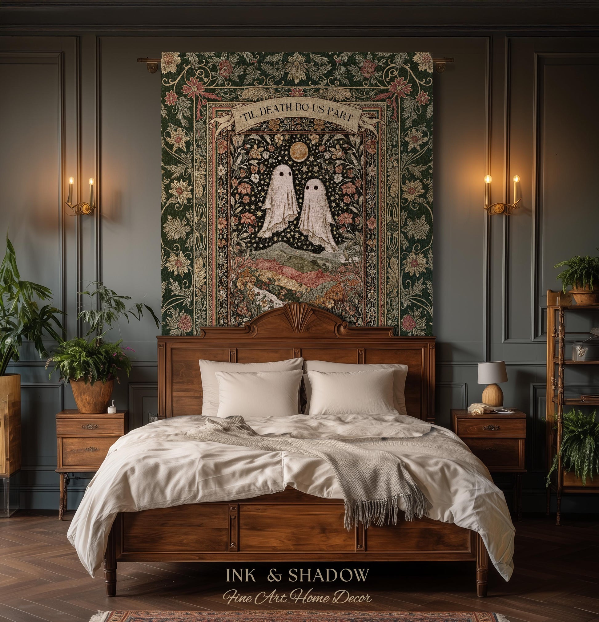 Til Death Do Us Part Ghost Couple Woven Tapestry Wall Art Personalized Wedding Gift | Celestial Whimsy Wildflower Magic Anniversary Keepsake