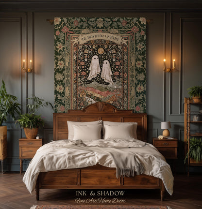 Til Death Do Us Part Ghost Couple Woven Tapestry Wall Art Personalized Wedding Gift | Celestial Whimsy Wildflower Magic Anniversary Keepsake