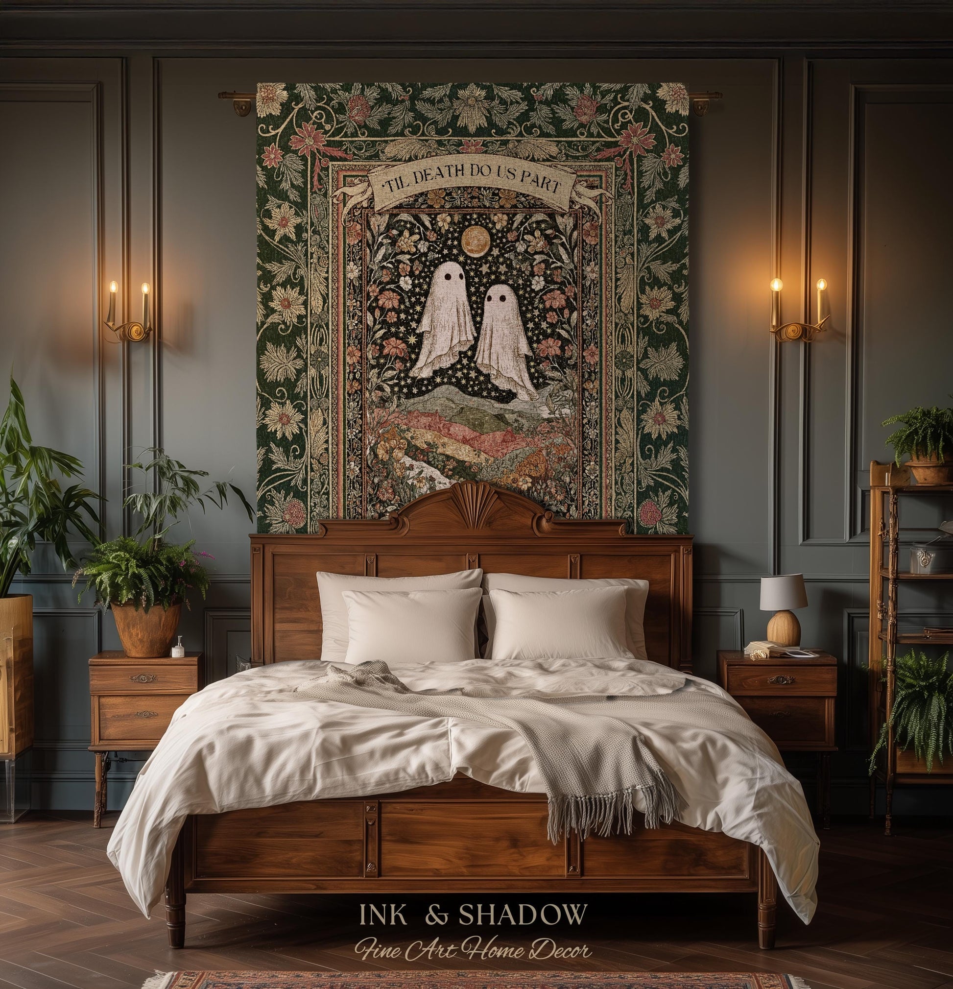 Til Death Do Us Part Ghost Couple Woven Tapestry Wall Art Personalized Wedding Gift | Celestial Whimsy Wildflower Magic Anniversary Keepsake