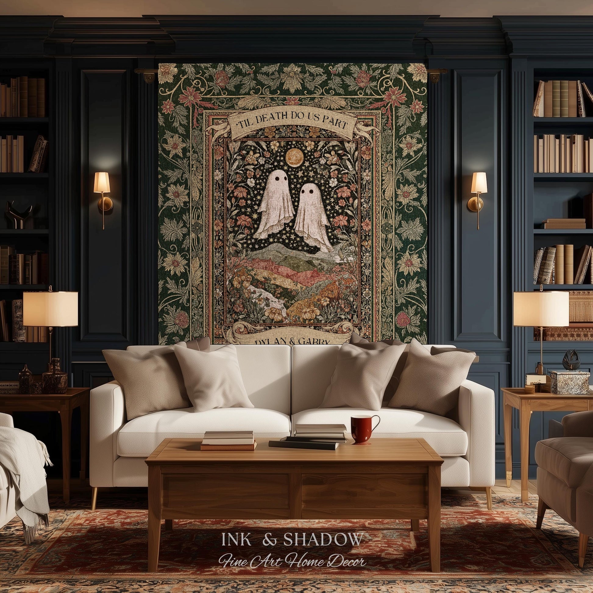 Til Death Do Us Part Ghost Couple Woven Tapestry Wall Art Personalized Wedding Gift | Celestial Whimsy Wildflower Magic Anniversary Keepsake