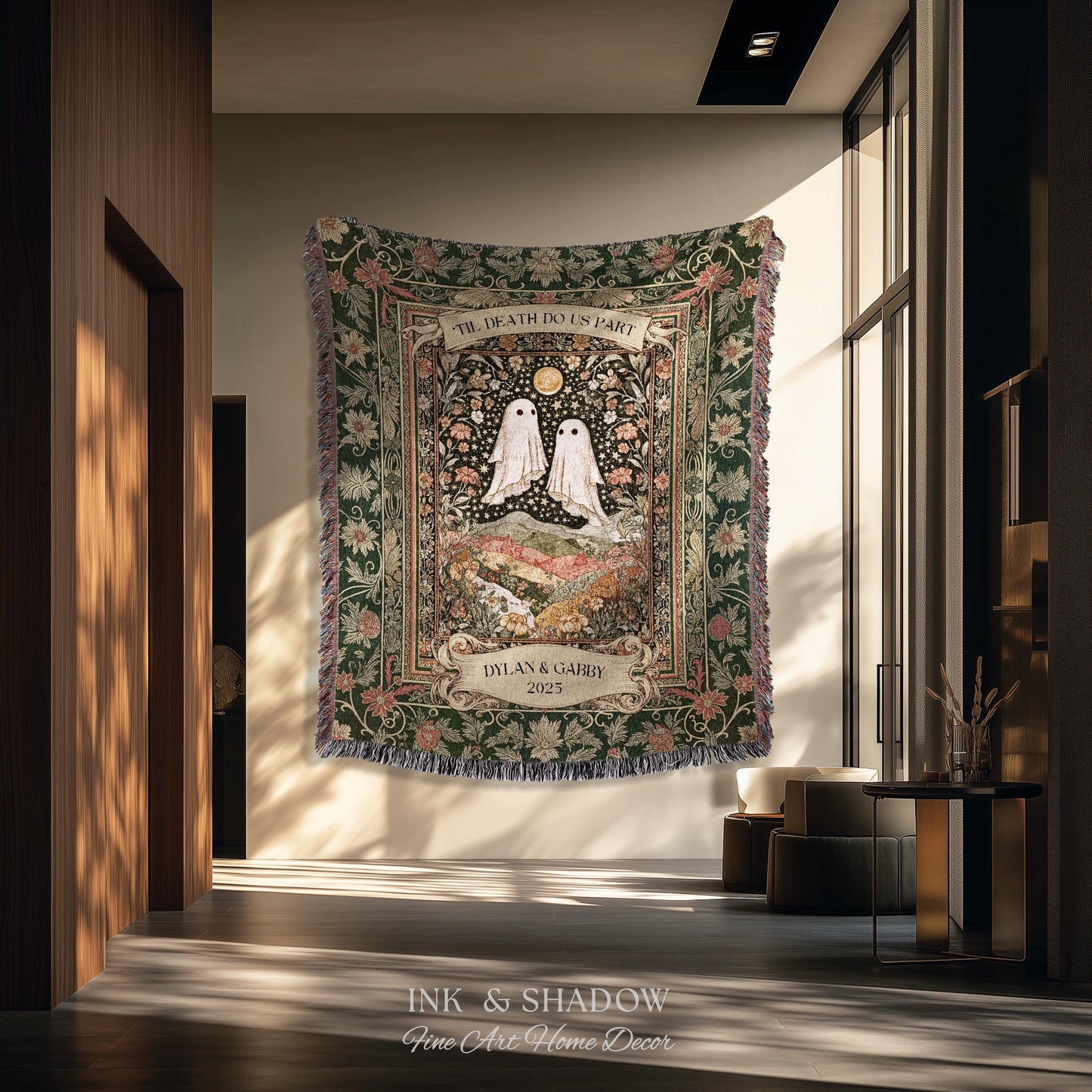 Til Death Do Us Part Ghost Couple Woven Tapestry Wall Art Personalized Wedding Gift | Celestial Whimsy Wildflower Magic Anniversary Keepsake