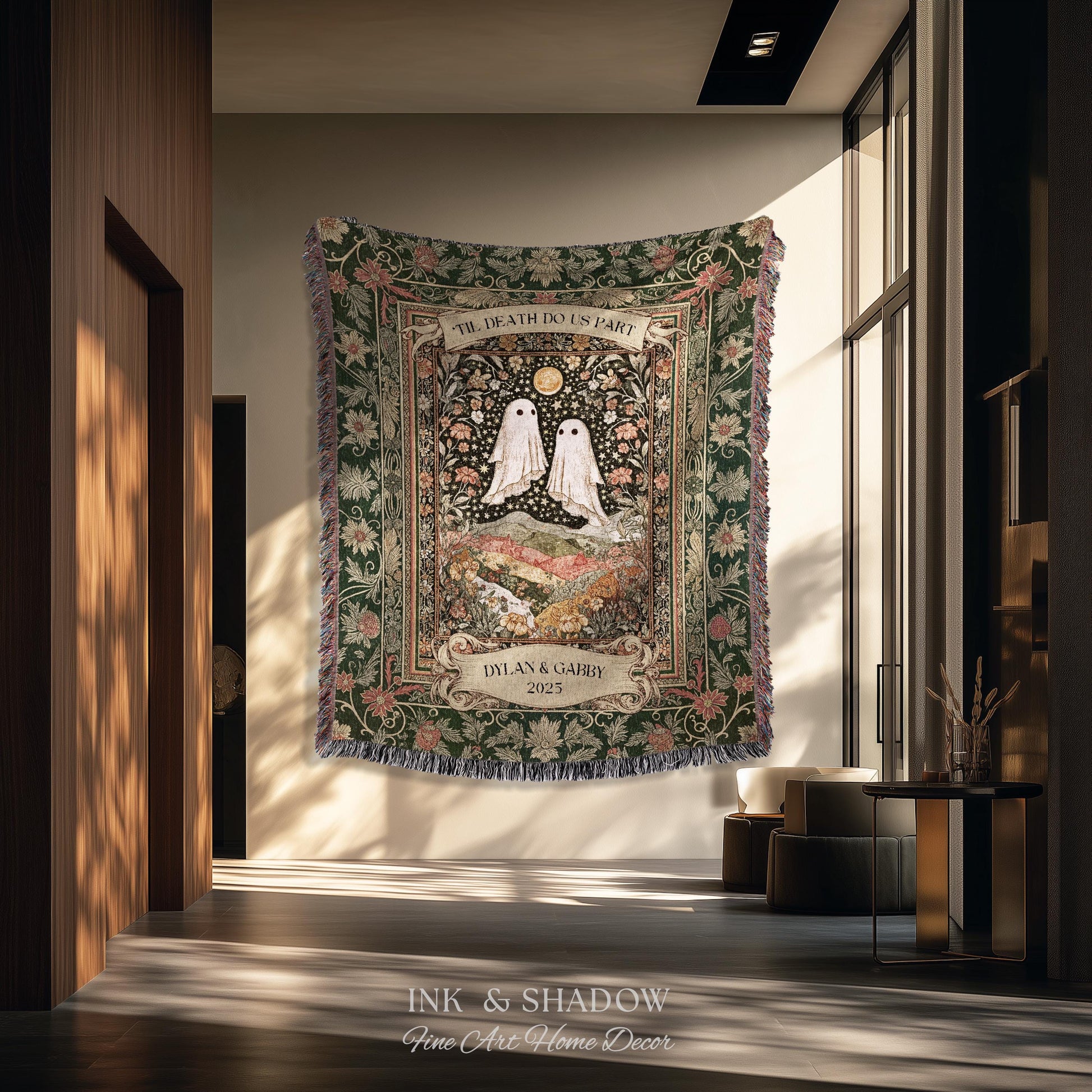 Til Death Do Us Part Ghost Couple Woven Tapestry Wall Art Personalized Wedding Gift | Celestial Whimsy Wildflower Magic Anniversary Keepsake