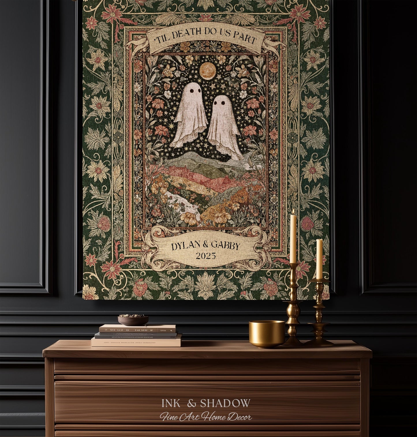 Til Death Do Us Part Ghost Couple Woven Tapestry Wall Art Personalized Wedding Gift | Celestial Whimsy Wildflower Magic Anniversary Keepsake