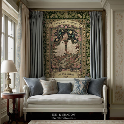 Whimsical Ghost Soulmates Custom Couple Tapestry Woven Wall Art Wedding Gift | Romantic Castlecore Eternally Yours Personalized Anniversary
