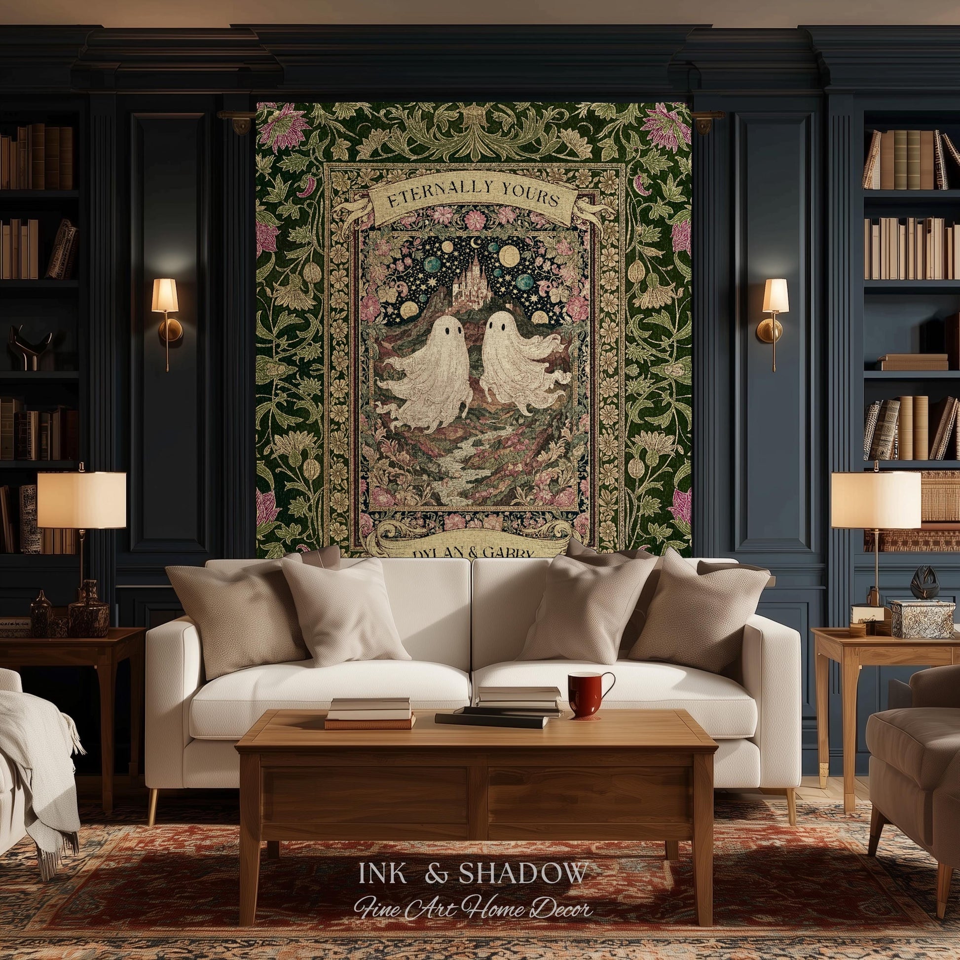 Whimsical Ghost Soulmates Custom Couple Tapestry Woven Wall Art Wedding Gift | Romantic Castlecore Eternally Yours Personalized Anniversary