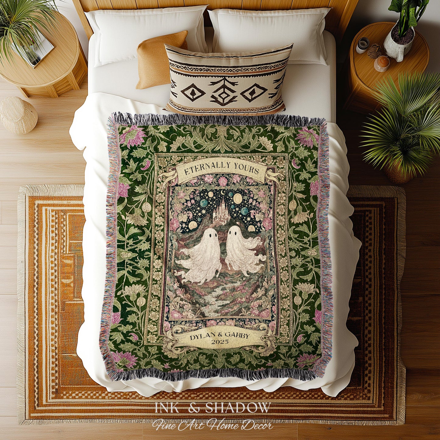 Whimsical Ghost Soulmates Custom Couple Tapestry Woven Wall Art Wedding Gift | Romantic Castlecore Eternally Yours Personalized Anniversary